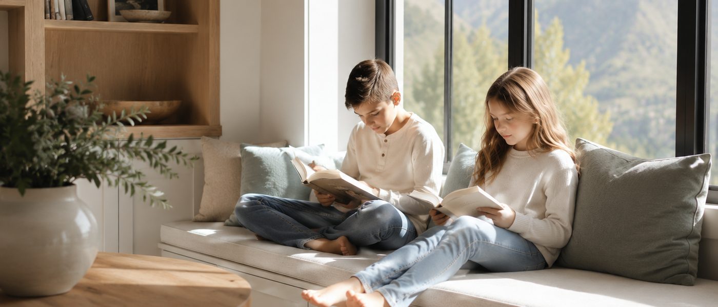 Two readers sharing a window seat